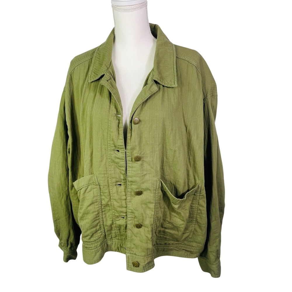 Old Navy Utility Jacket Chore Coat Women's XXL Olive Green Herringbone Oversized